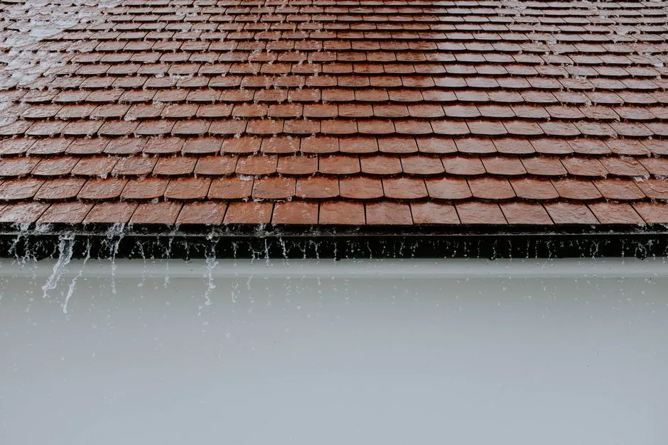 Toit en tuiles brunes avec ruissellement d'eau de pluie